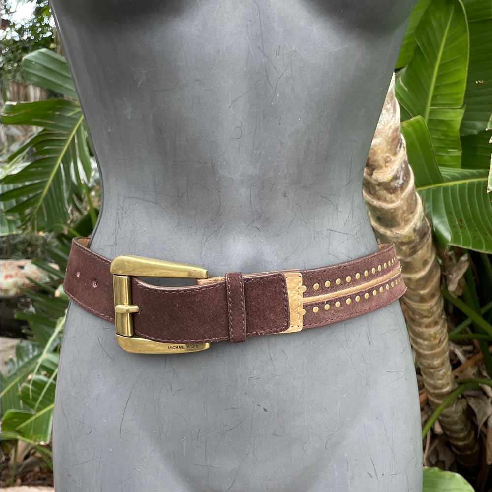 Gold, leather and brown suede, inlay, and Grommet belt